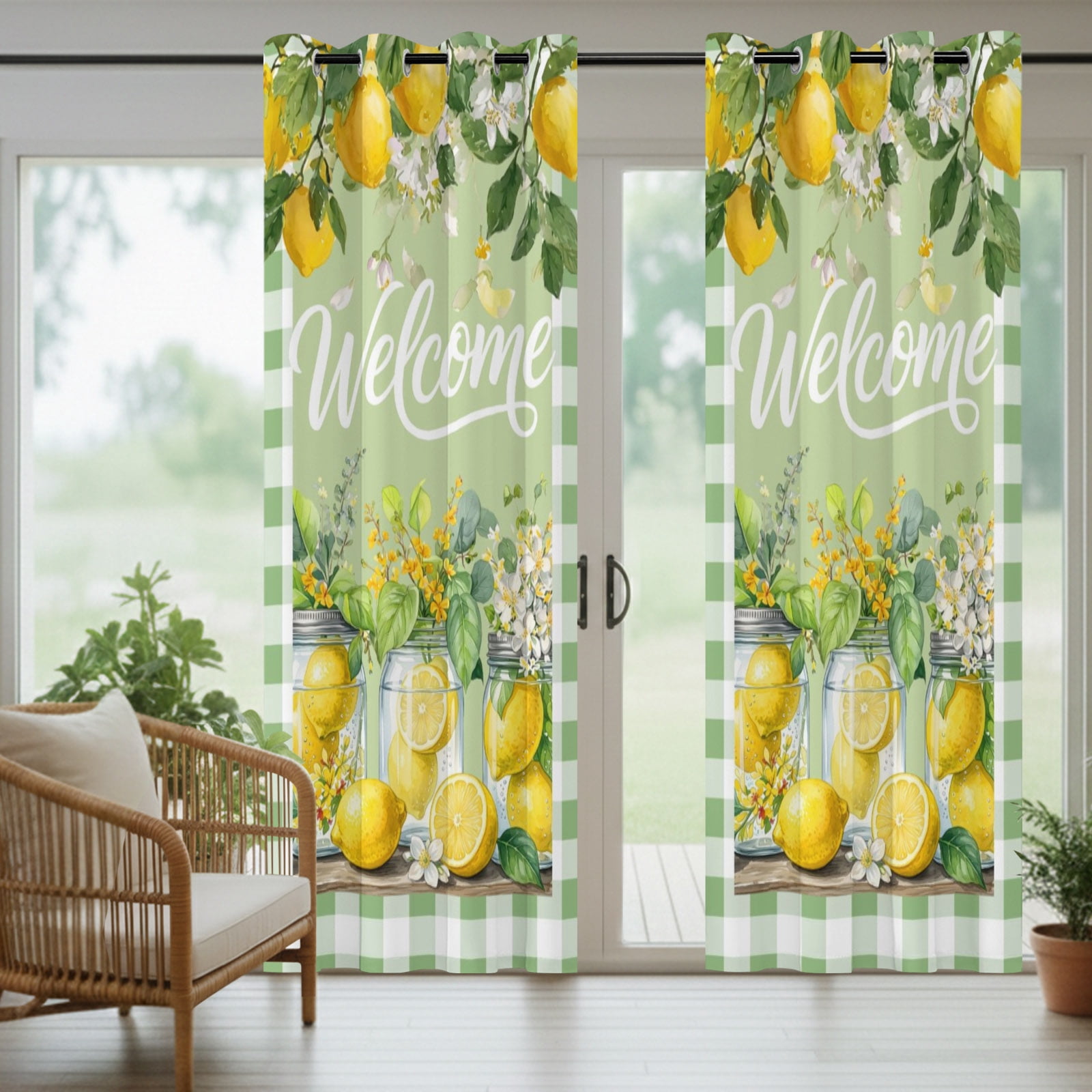 Green Lemons Outdoor Curtains for Patio, Welcome Summer Fruit Flower Botanical Plaid Sunshade Privacy Drapes Grommet Waterproof Outside Curtains for Porch/Cabana/Balcony 54"x 84", 2 Panel