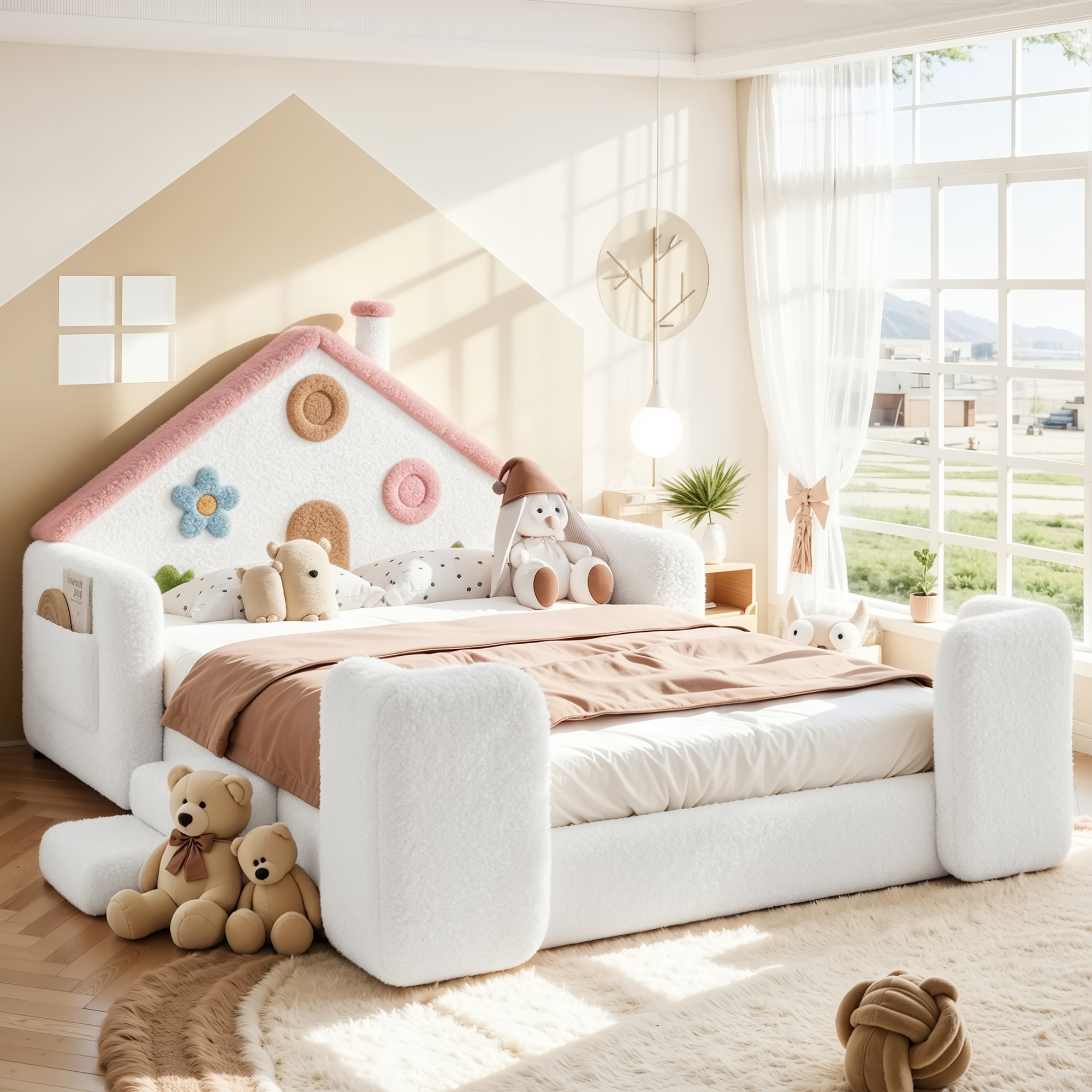HOQBN Full House Shaped Upholstered Floor Bed, Upholstered Kids Bed with Safety Side Rails, Low Floor Playhouse Bed for Nursery & Kids Bedroom White & Pink