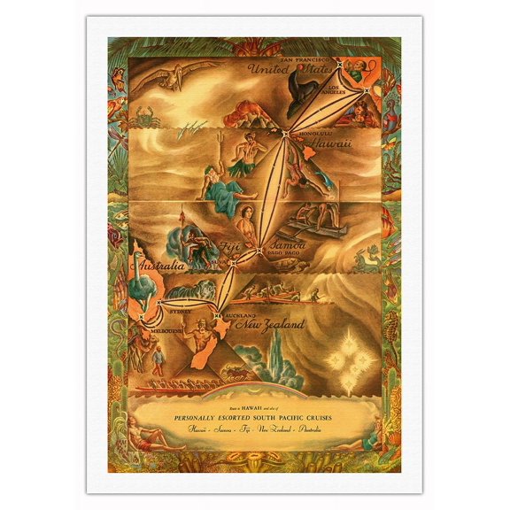 South Pacific Route Map - Hawaii Samoa Fiji Australia New Zealand - Vintage Pictorial Map by Ernest Hamlin Baker c.1935 - Fine Art Rolled Canvas Print (Unframed) 27in x 40in