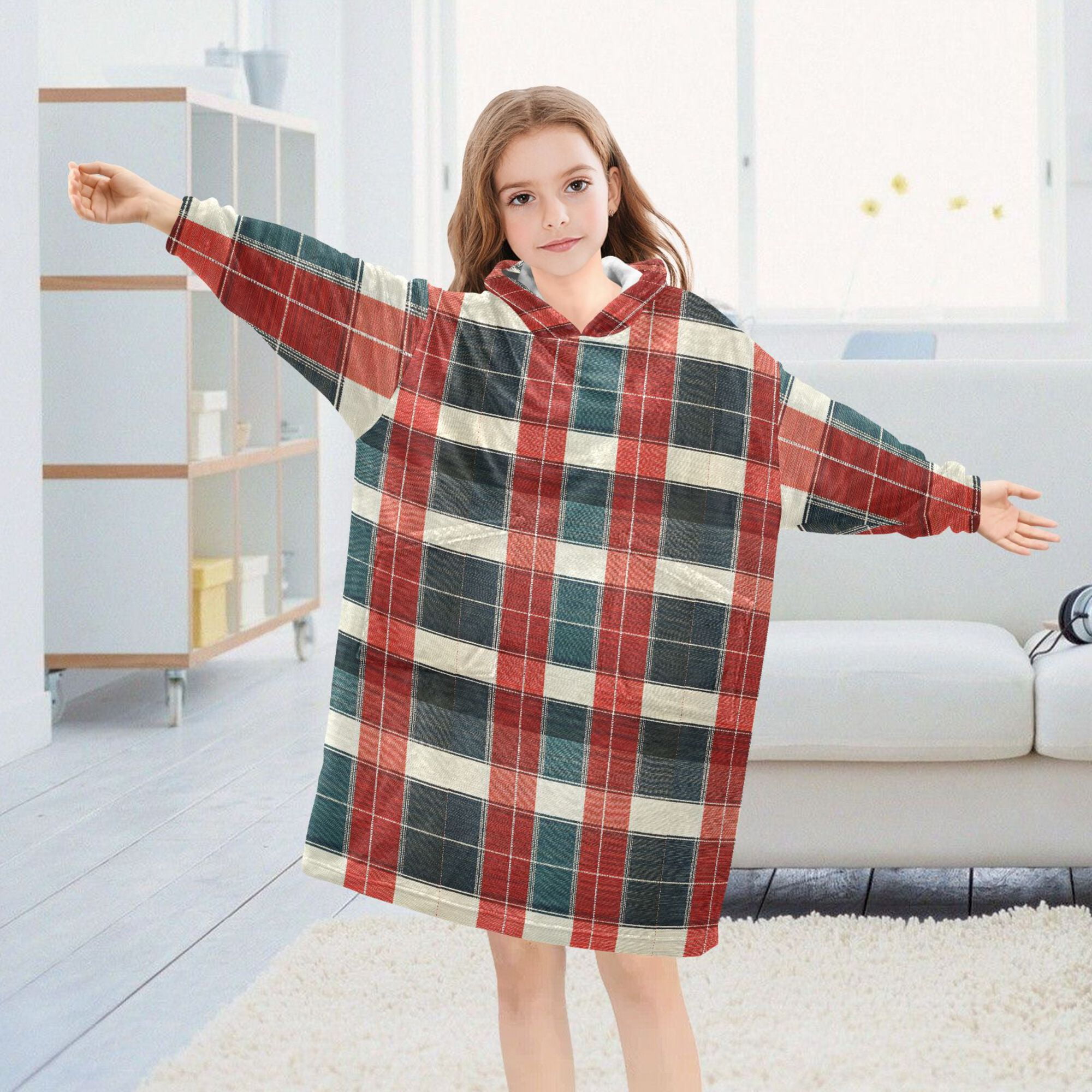 FORMRS Wearable Blanket Hoodie with Sleeves for Kids Cozy Flannel Sweatshirt, Vibrant Red Tartan Pattern