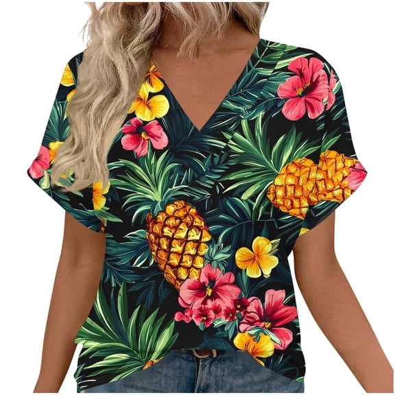 Uaswgudfs Women's Casual Loose Fit Printed V neck Short Sleeve T shirt Summer Breathable Floral Top Orange 2XL
