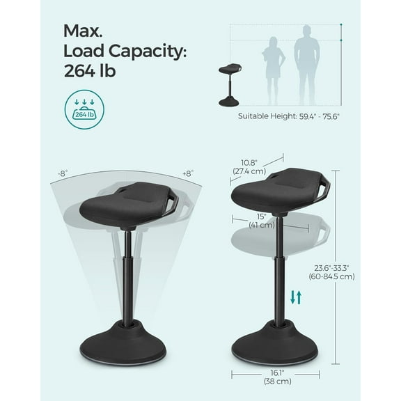 Standing Desk Chair, Adjustable Ergonomic Wobble Stool, 23.6-33.3 Inches Drafting Chair, Swivel Sitting Balance Stool, Fabric Upholstery, Anti-Slip Bottom Pad, Ink Black UOSC02BK