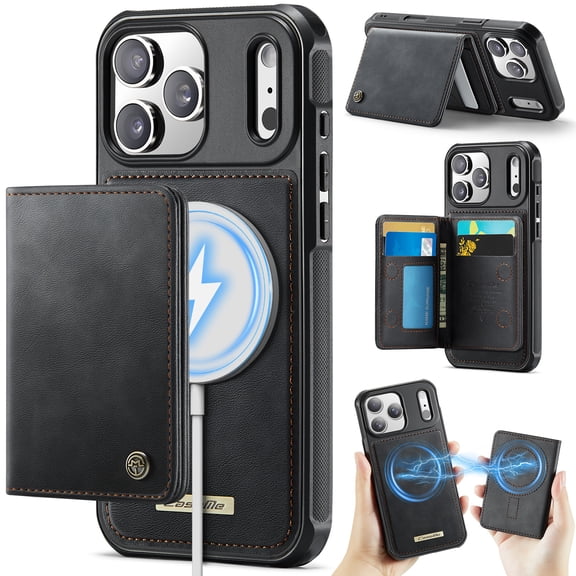 Dteck Detachable Magnetic Wallet Case for iPhone 17 Pro Max,Shockproof Leather TPU Card Slots Cash Pocket RFID Blocking Case Compatible with Mag Safe Kickstand Cover ,Black