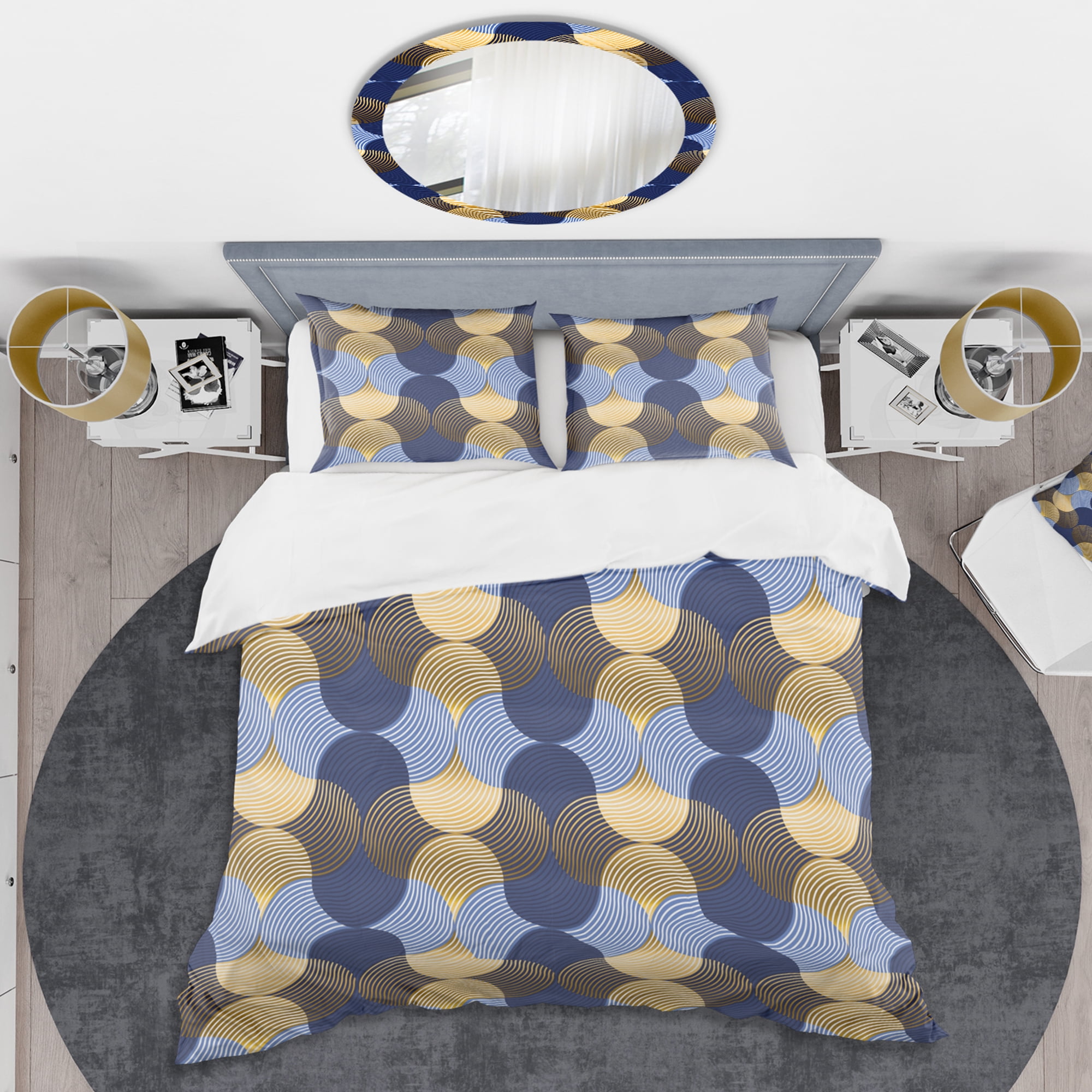 Designart 'Retro Luxury Waves In Gold And Blue II' Mid-Century Modern Duvet Cover Set