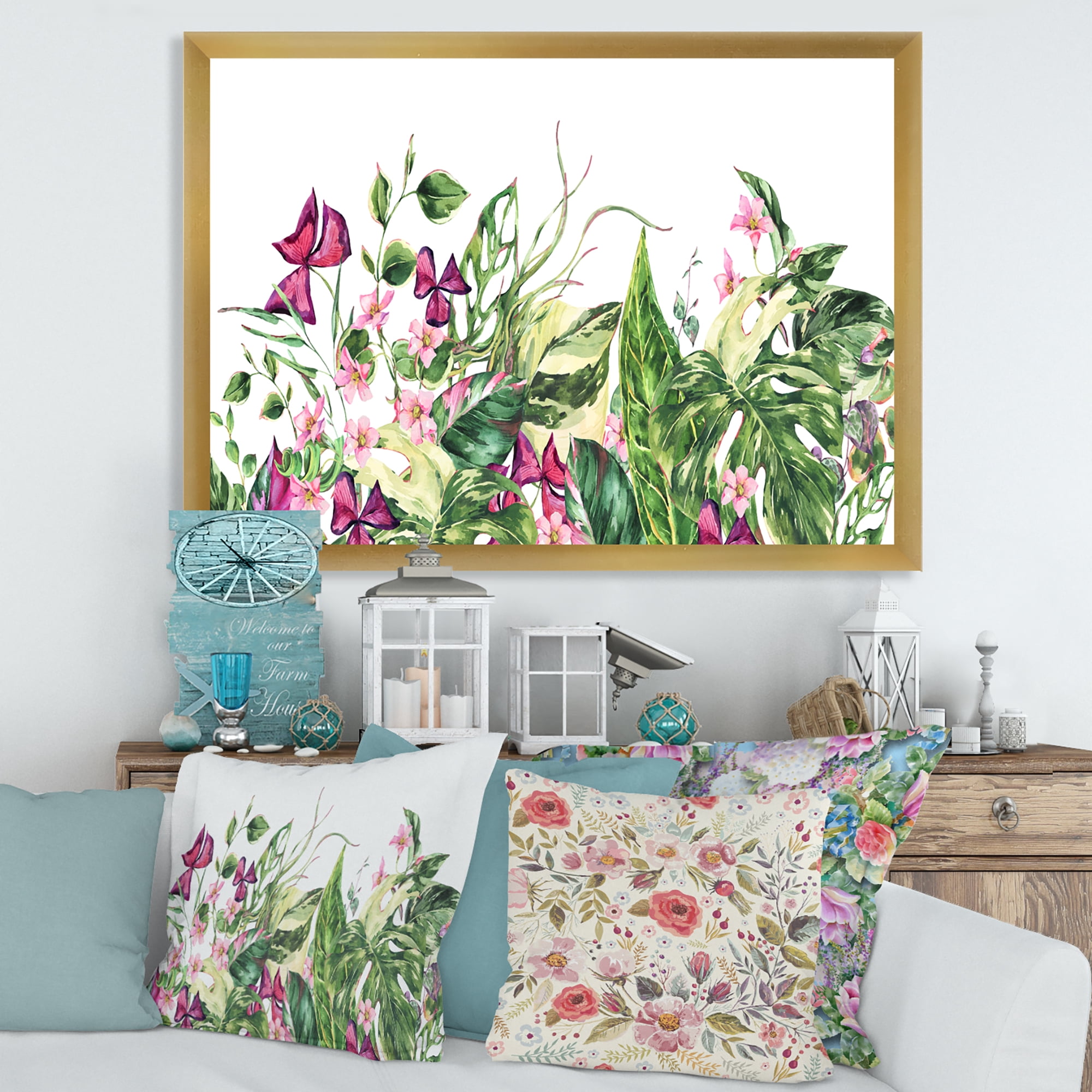 Designart 'Ancient Floral Tropical Leaves I' Tropical Framed Art Print