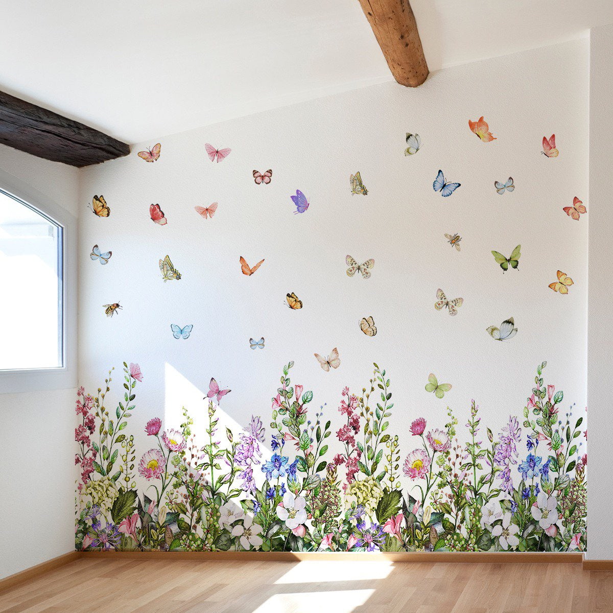 Large Plant Grass Wall Corner Stickers Flower wall stickers Flowers with Butterflies Base Board Skirting Line Wall Decals for Bedroom Living Room Staircase Kitchen