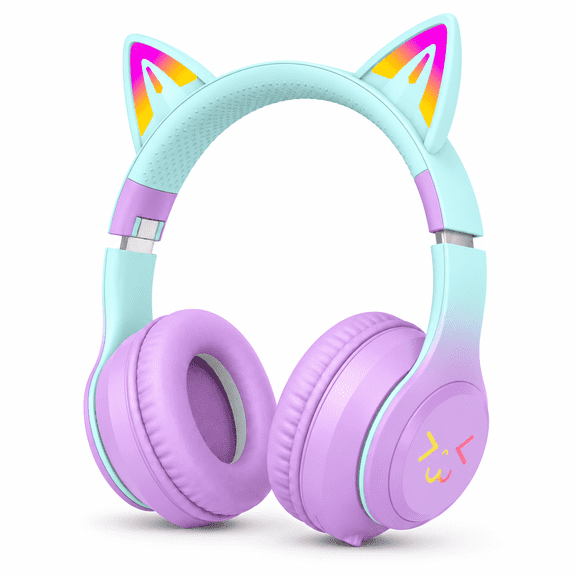 LUEYL Cat Ear Bluetooth Headphones for Kids, LED Lights, 74/85dBA Volume Limit, Built-in Mic, Foldable Over-Ear Wireless or Wired Headset for School, Music, Travel and Gaming, Purple and Mint
