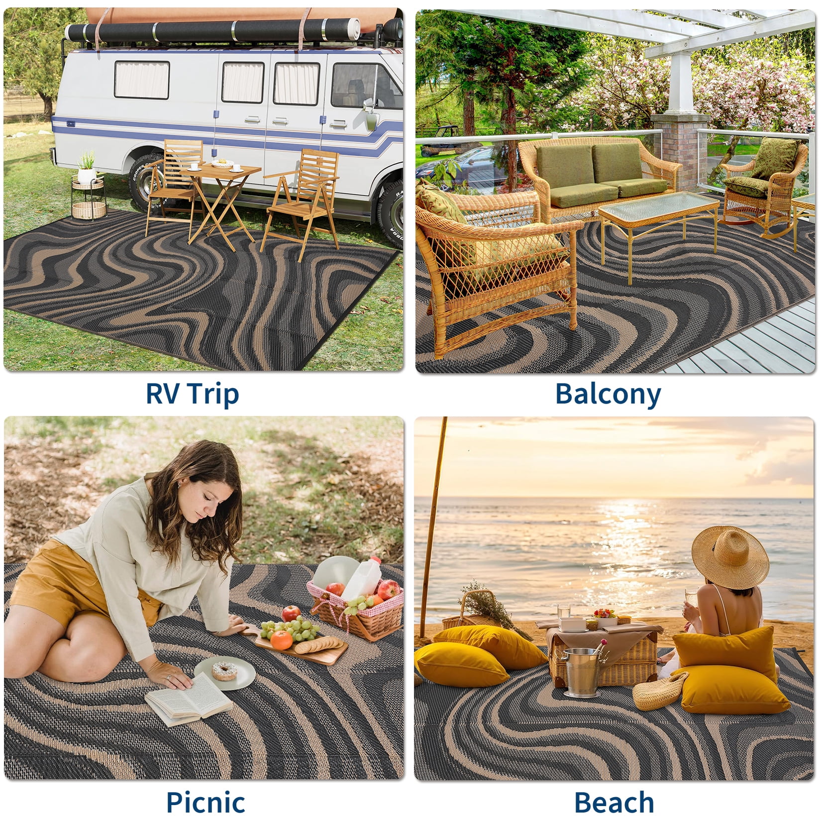 Garvee Outdoor Rug 10'x14' Abstract Plastic Area Rug Waterproof Reversible Outdoor Carpet, Plastic Straw Rug for Patio RV Camping Balcony Deck Backyard, Black