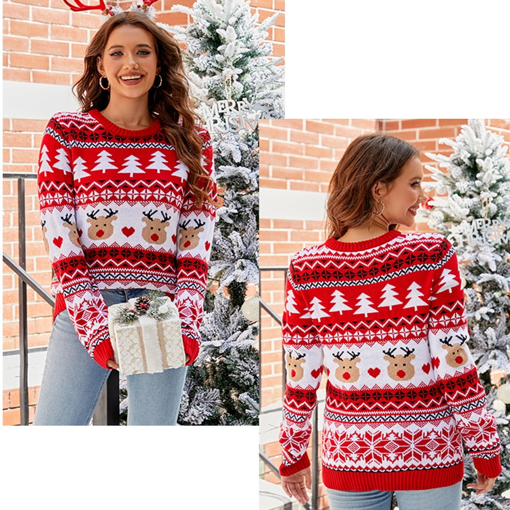 ZAFUL Women's Christmas Reindeer Knitted Sweater - Snowflake Pattern Ugly Xmas Pullover Long Sleeve