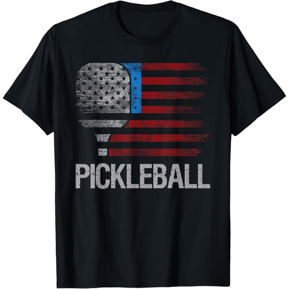 Retro American Flag Pickleball T-Shirt Patriotic USA Distressed Paddle Graphic Tee for Men and Women