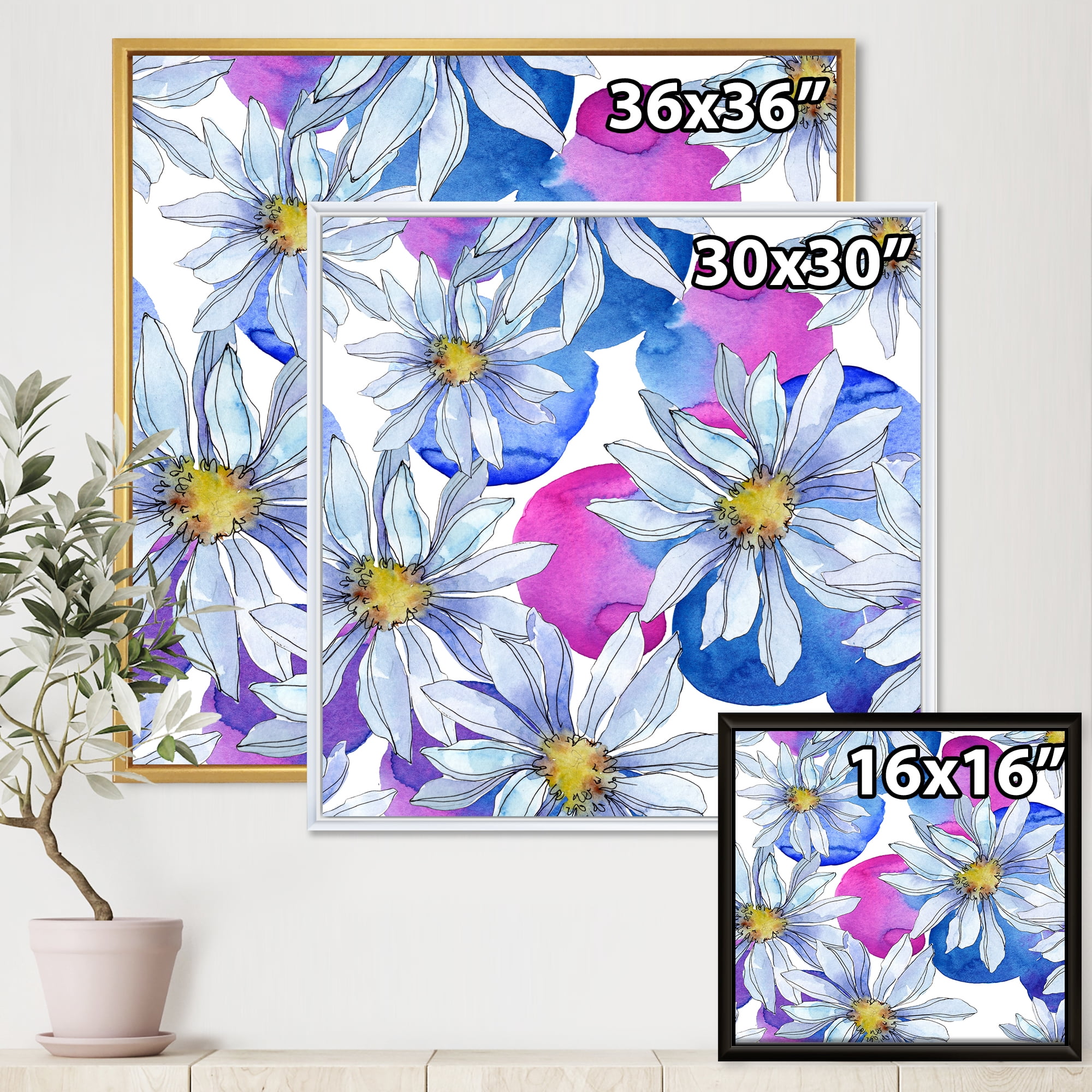 Designart 'Daisies On Red and Blue Backgorund' Traditional Framed Canvas Wall Art Print