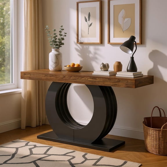 Yardi Yarda Modern Wooden Console Table with Circular Metal Base, Entryway Sofa Side Table for Indoor, Brown