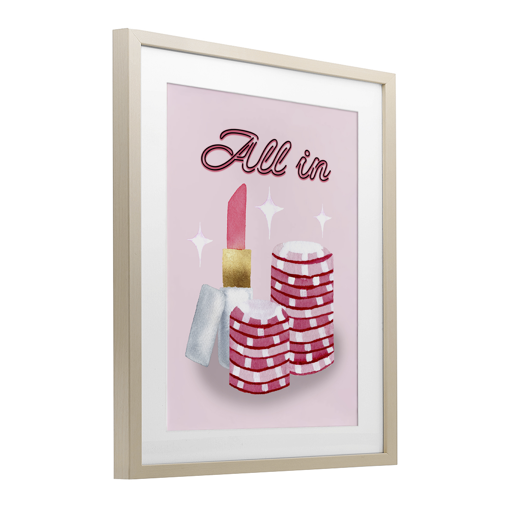 All In Poker Chips & Lipstick Birch Framed Print Under Glass, design by Nina Jacobs