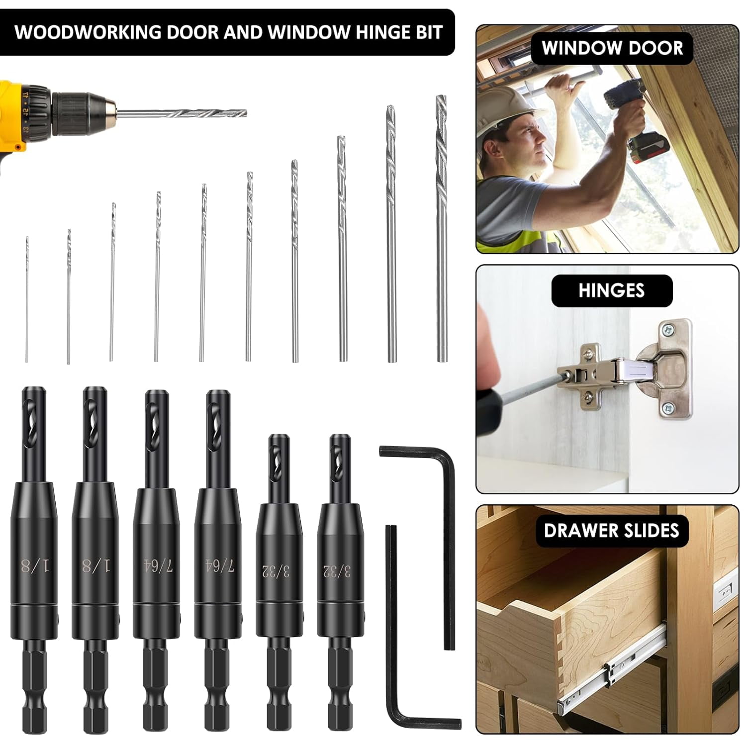ABCISI 18 PCS Self Centering Hinge Drill Bit Set, 6 PCS 1/4" Hex Shank VIX Bit & 10 PCS 1/64”-5/64” Hinge Center Drill Bits & 2 PCS Hex Key for Woodworking Wood Cabinet Window Door