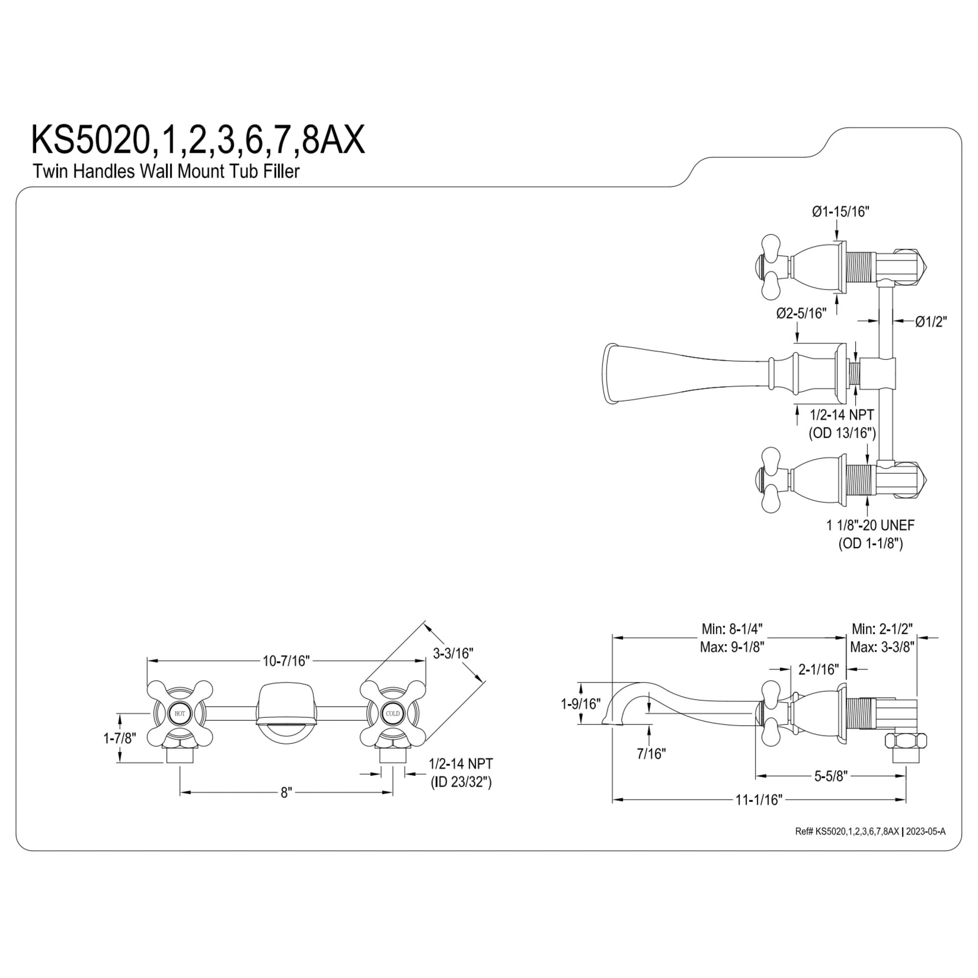 Kingston Brass KS5026AX  Two-Handle Wall Mount Roman Tub Faucet, Polished Nickel