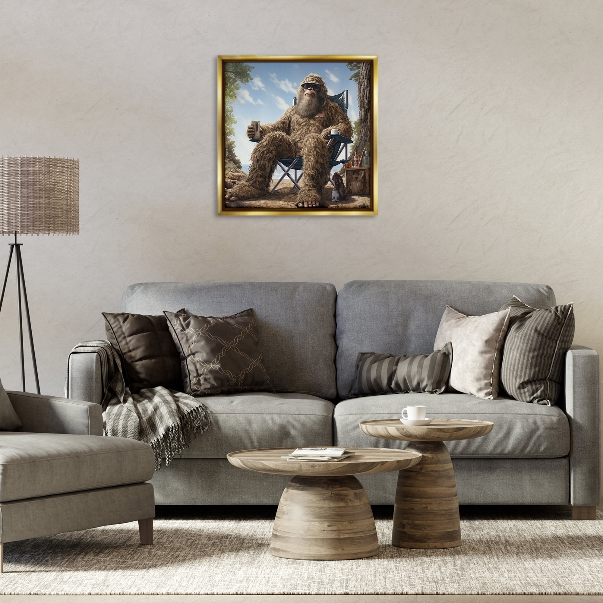 Stupell Industries Mythical Monster on Beach Fairy Tales & Fantasy Painting Gold Floater Framed Canvas Art Print Wall Art, 25 x 25