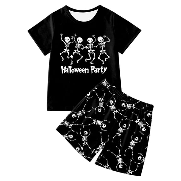 BOOMNY Halloween Girls 2 Peice Outfit Sets Hallowmas Skeleton Graphic Short Sleeve Tops Shorts Sets for Kids Soft Clothing Set