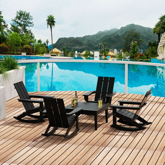 WestinTrends Ashore 5 Piece Patio Rocking Chair Set, All Weather Poly Lumber Adirondack Rocker Conversation Set Porch Patio Chairs Set of 4 with Low Coffee Table, Black