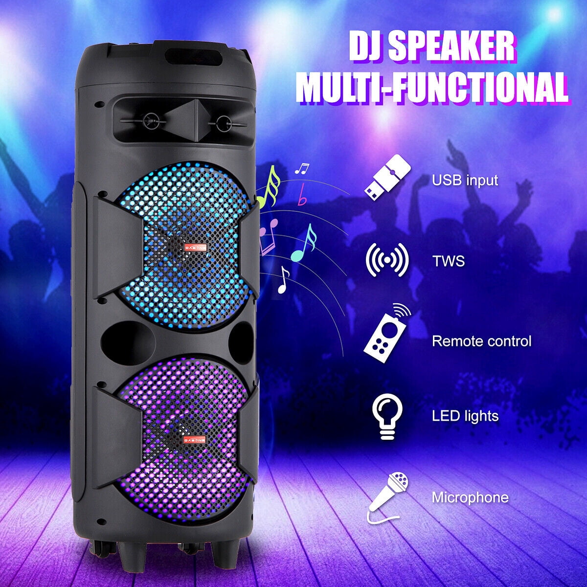 Dazone Dual 8" Wireless Portable Party Bluetooth Speaker Audio Stereo With Remote and Mic