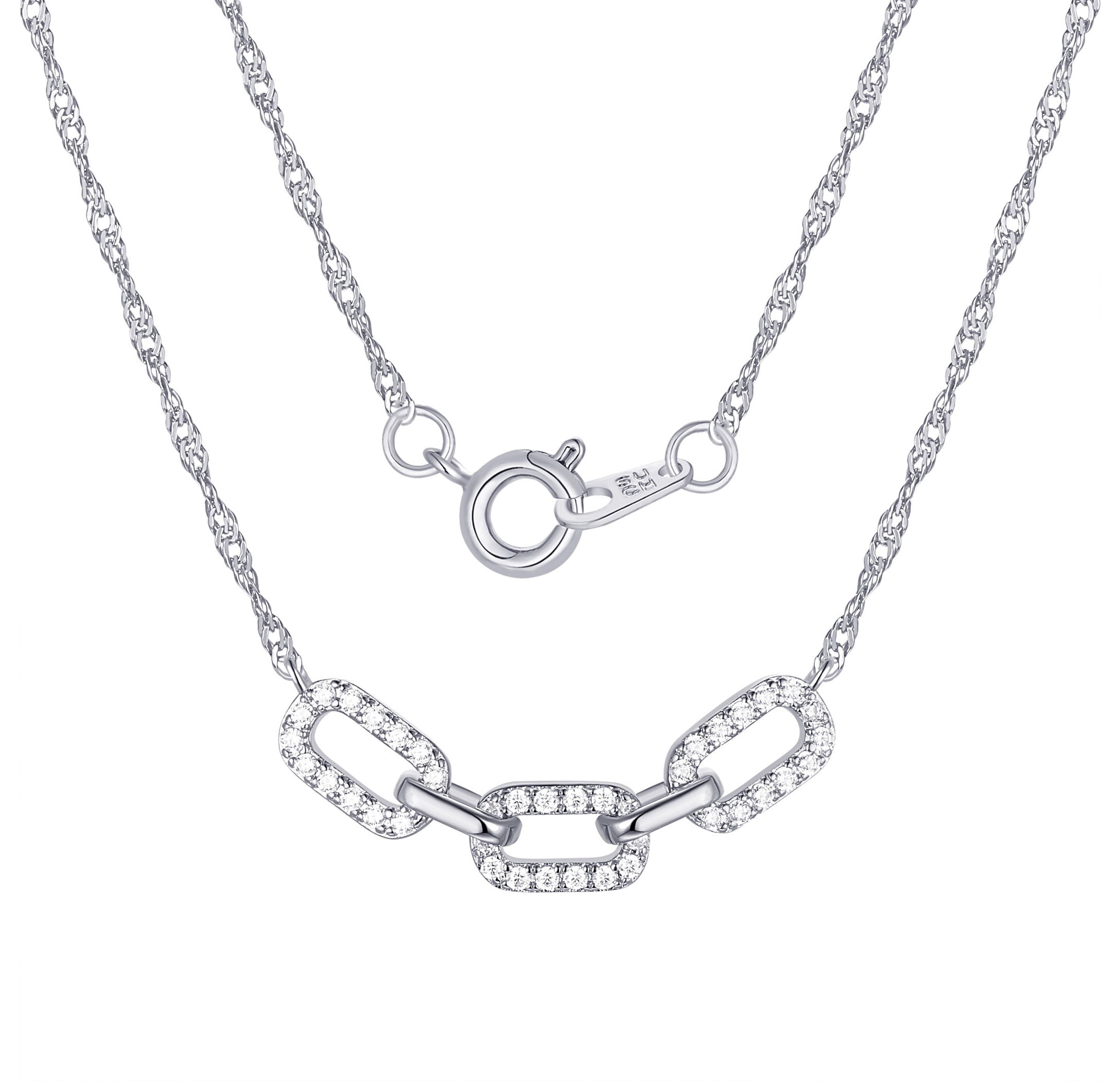 Women's Adult Fine Silver Plated Link Double Necklace Set with Simulated Diamonds