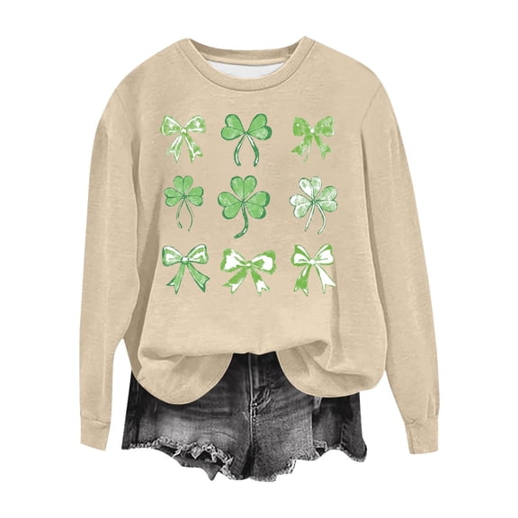 Kilaqueen St Patrick's Day Womens Sweatshirt Long Sleeve Crewneck Shamrock Clover Print Shirts Tees Casual Love Irish Clover Sweatshirt