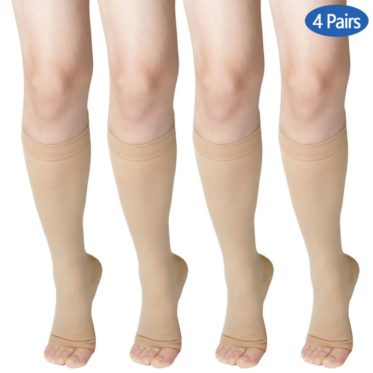 4 Pack Compression Stockings, 20-30 mmHg, Man Women's Knee High Length, Open  Toe, Beige,5XL 