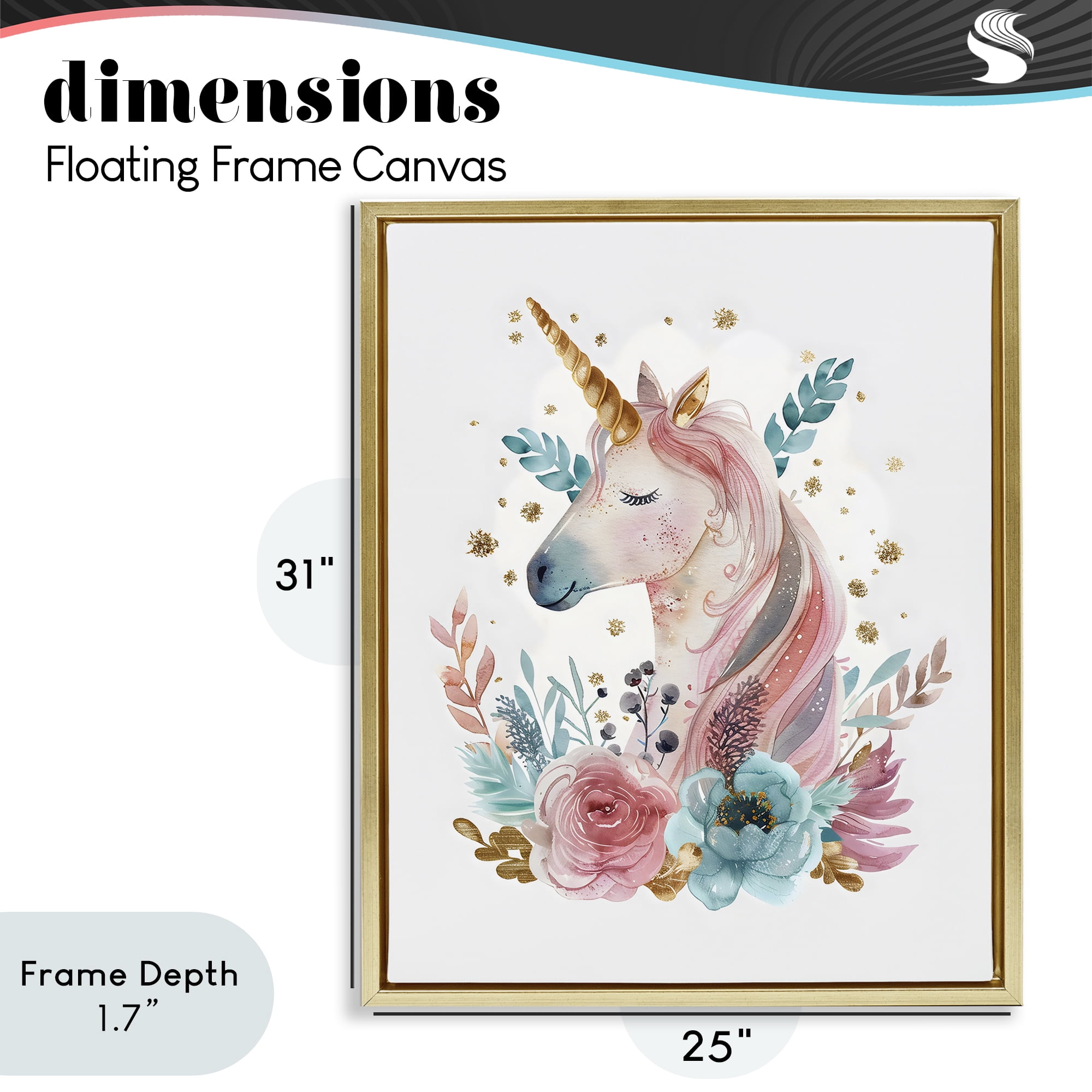 Stupell Industries Floral Unicorn with Gold Details Gold Framed Floater Canvas Wall Art, design by LSR Design Studio
