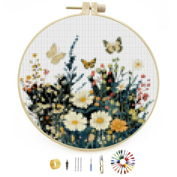 DIY Stamped Cross Stitch Kits Wild Flowers and Butterflies Easy for Beginners with Hoop 11CT Counted Embroidery Needlepoint Crafts Arts for Handmade Enthusiasts and Home Decor 30x30cm(7)