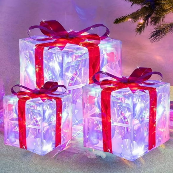Christmas LED Lighted Gift Boxes Set of 3, Waterproof Outdoor Present Decorations for Yard and Porch, Battery Operated Light Up Boxes for Holiday Party and Christmas Home Decoration
