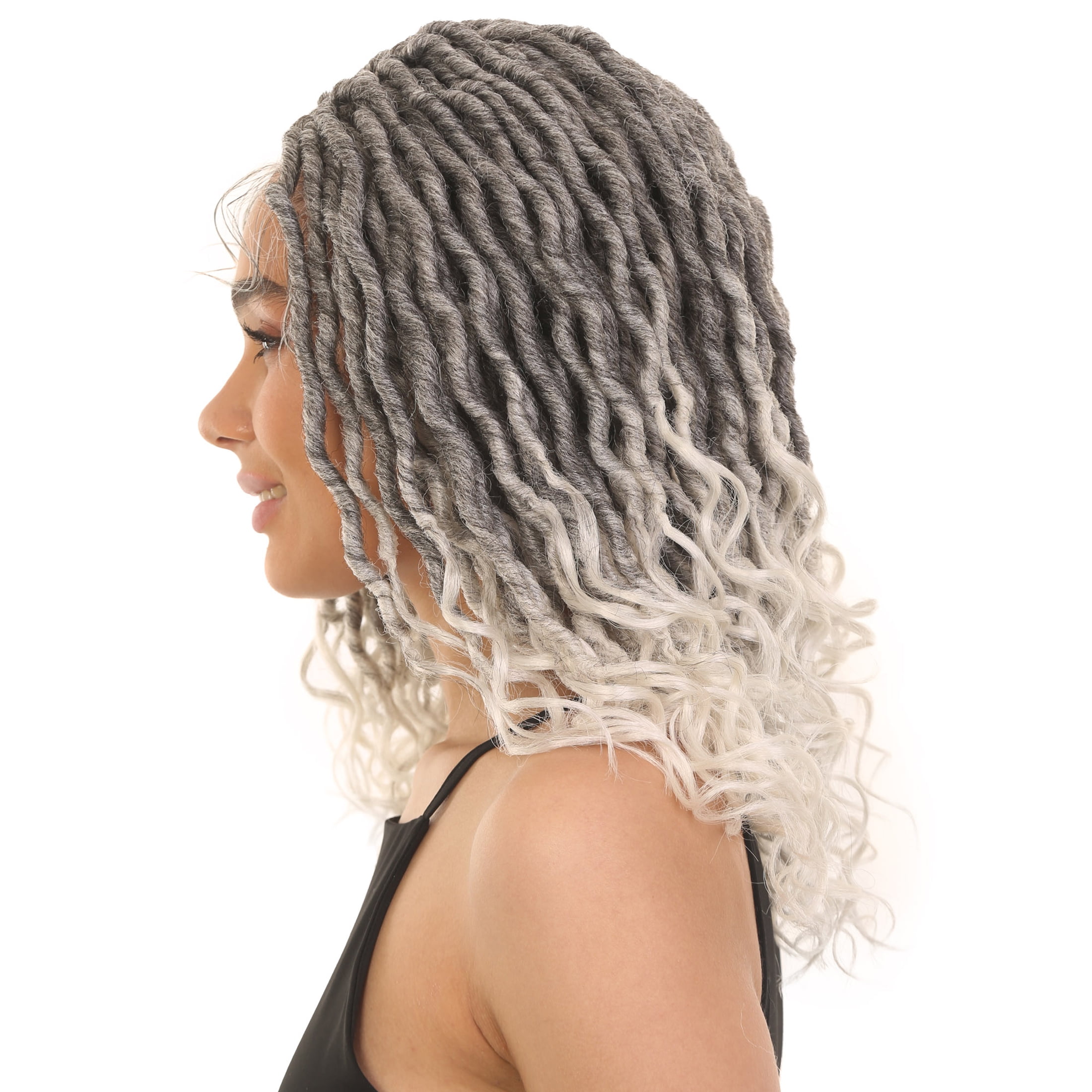 LUXLUXE 19" Black & White Wig Andrea Curly Layered for Women Long Hand Tied Lace Braided Wigs, Made from Heat Resistant Synthetic Wigs