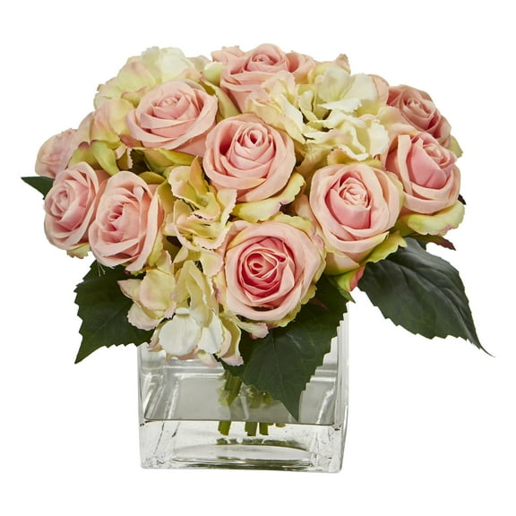 Nearly Natural Rose and Hydrangea Bouquet Artificial Flower Arrangement in Vase