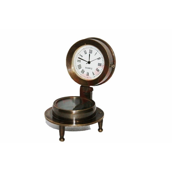 New Nautical Quartz Clock Compass on Tripod White Faced Brass Body