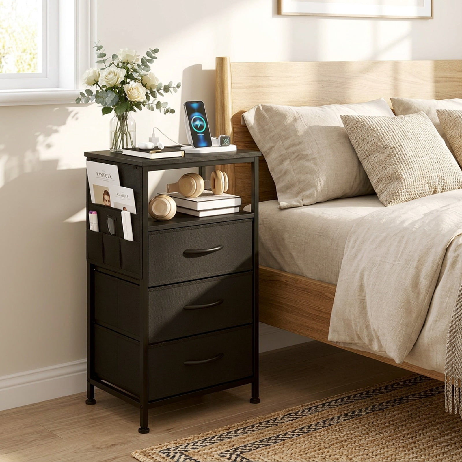 Furnibear Nightstand with Charging Station 27.5 inch Modern Bedside Table with 3 Fabric Drawers for Bedroom Living Room Bedside Sofa Side, Black