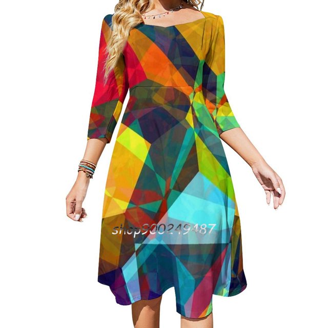 Vestido elegante y dulce con estampado de rayas de acuarela multicolor para mujer, vestido coreano kawaii con cuello cuadrado, patrón de mosaicos