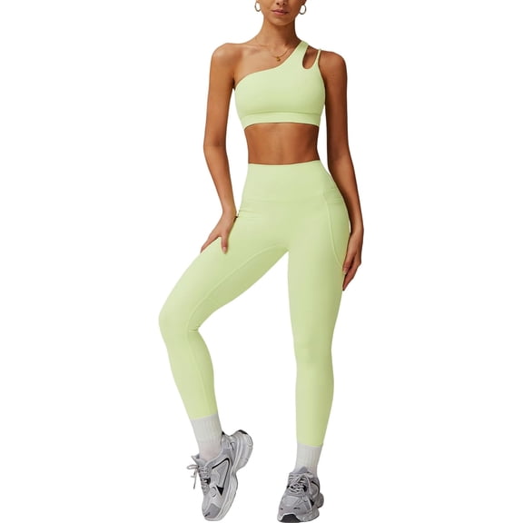 AEXTO Women Workout Set Single Shoulder Straps Sports Bras Leggings Set 2 Piece Gym Yoga Active Wear Outfit with Pockets