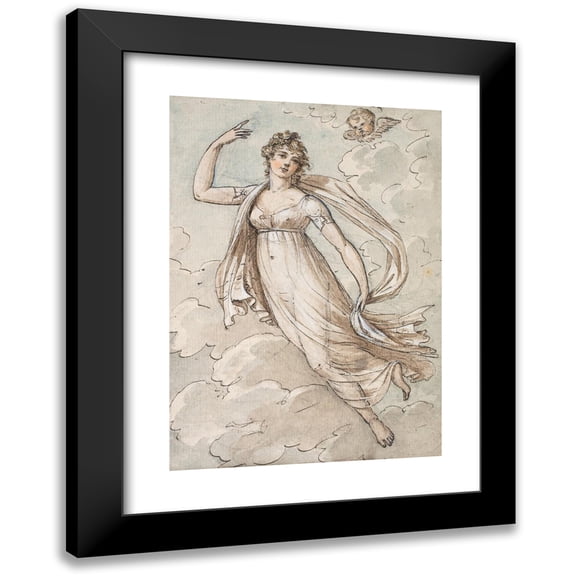 Peltro William Tomkins 11x14 Black Modern Framed Museum Art Print Titled - Woman Floating in the Sky, Observed by a Cherub (1800 - 1849)