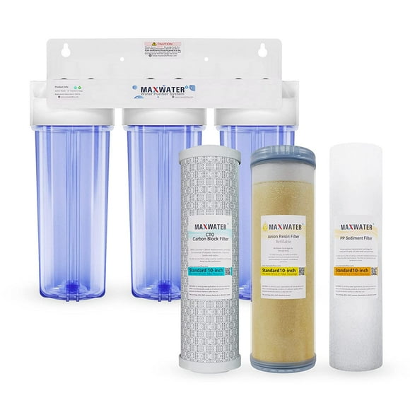Max Water 3 Stage 10 inch Nitrate Reduction Filtration System, Whole House, Sediment + Anion + CTO