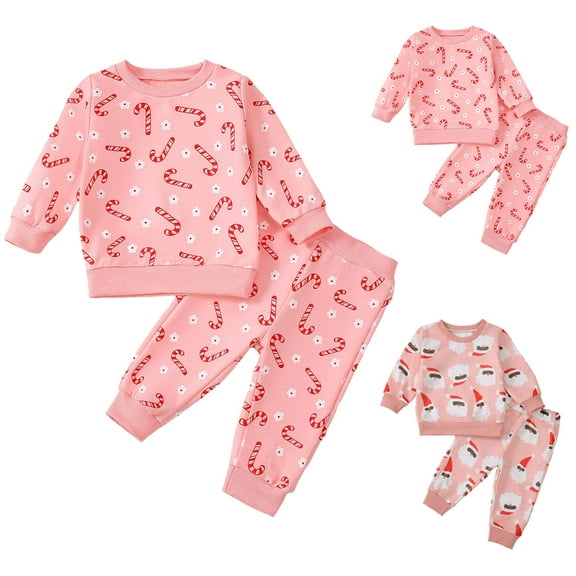 Pandaie 2Pcs Toddler Boy Girl Christmas Outfit Santa Crewneck Sweatshirt Pants Set Baby Winter Clothes Set Pink 12-18 Months