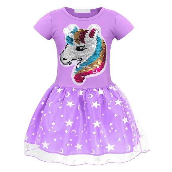 Kids Sequin Unicorn Dress Princess Short Sleeve A-Line Dress For Girls 2-7 Years Old