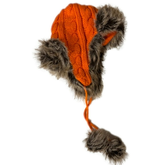 Womens Orange Cable Knit Trapper Hat With Fleece Lining