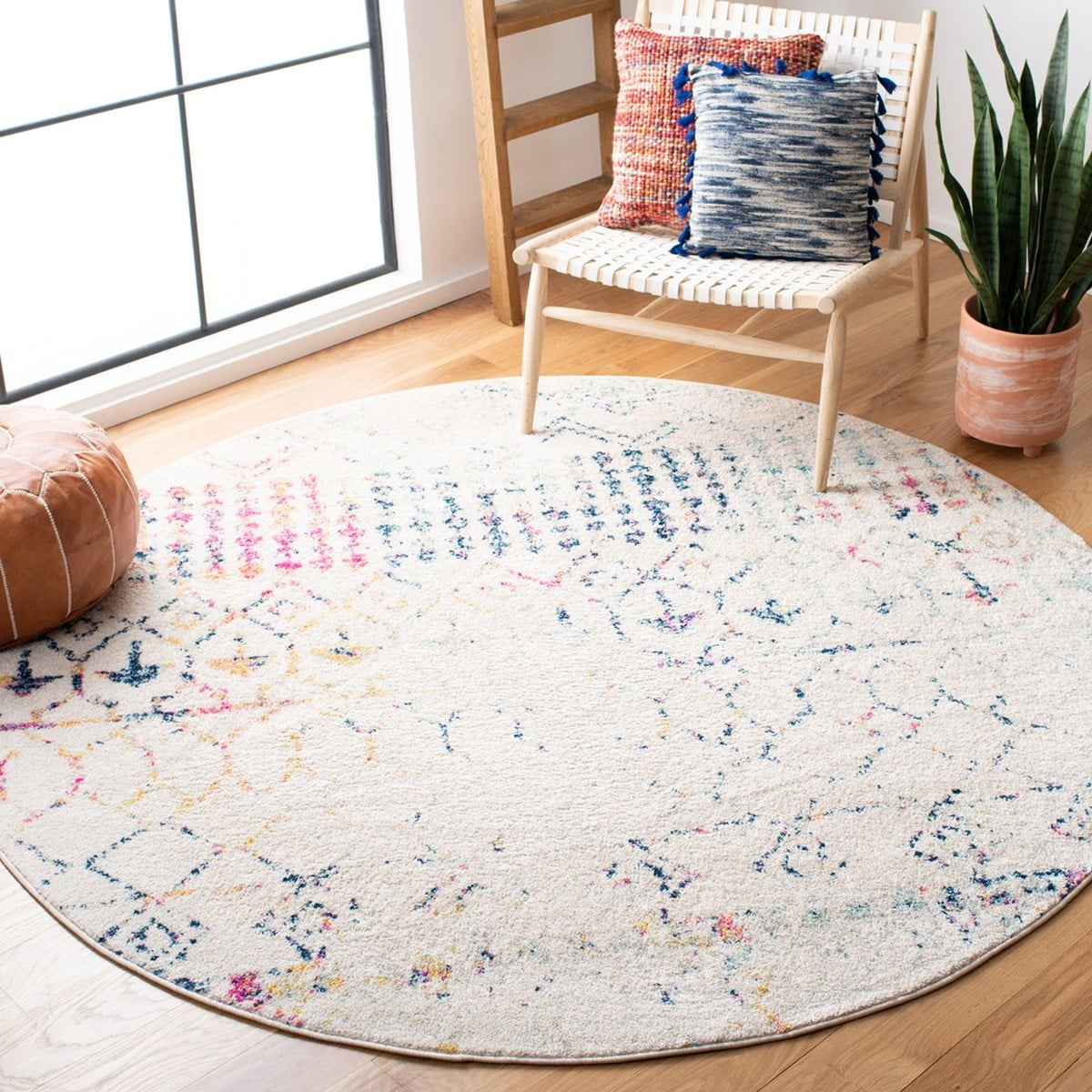 SAFAVIEH Tulum Coriander Moroccan Geometric Area Rug, 10' x 10' Round, Ivory/Blue