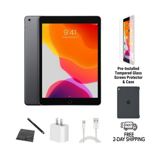 Restored Apple iPad 7th Gen A2197 (WiFi) 32GB Space Gray Bundle w/ Case, Tempered Glass, Stylus, Charger (Refurbished)