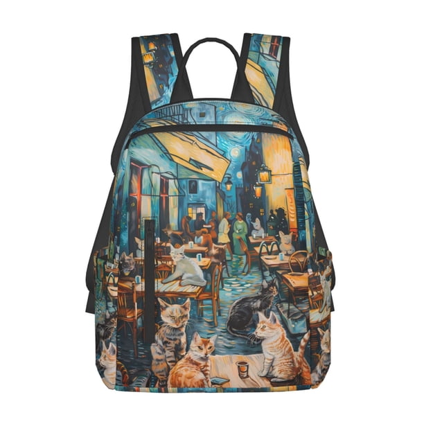 Balery Whimsical Cats Night Cafe Mochila ligera para hombre y mujer: duradera e impermeable, ideal para la escuela, el trabajo, viajes y uso diario.
