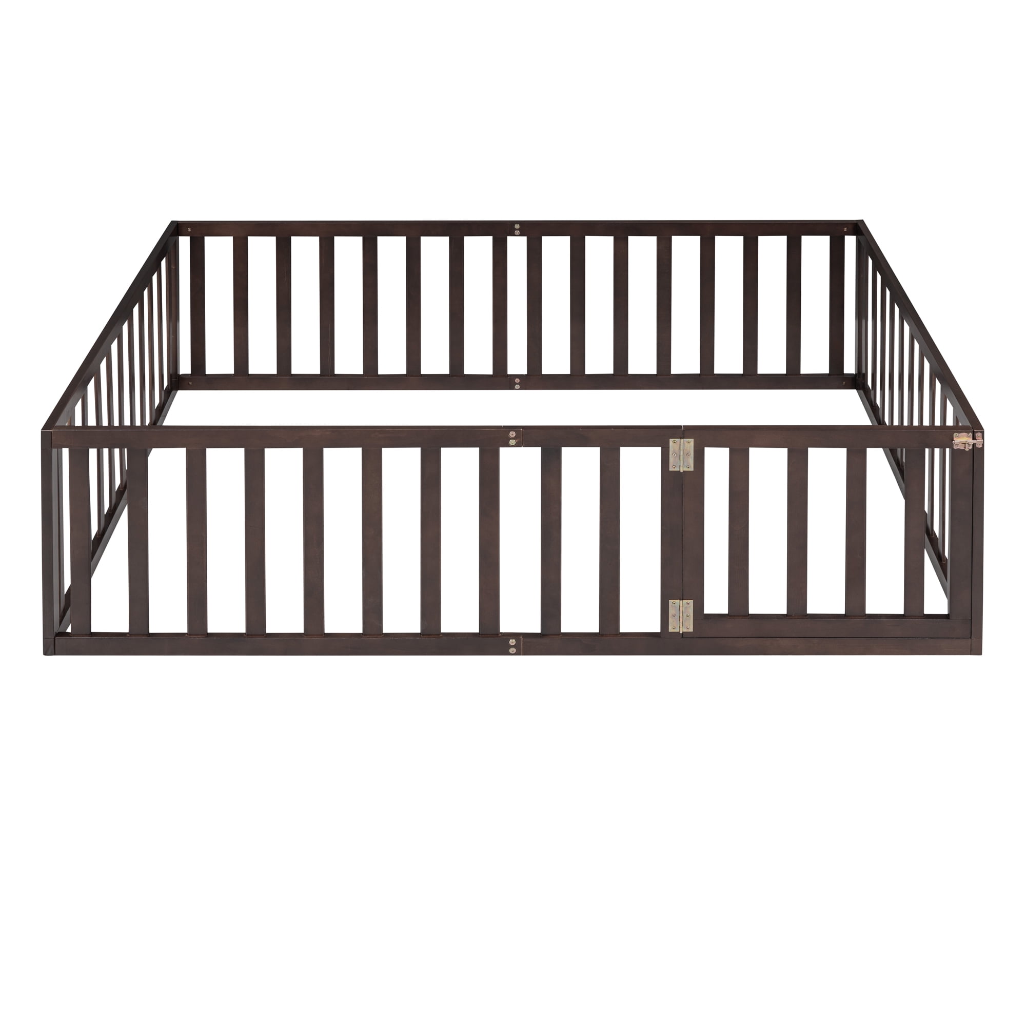 Mintazer Full Floor Bed with Guardrails & Hinged Gate Door, Montessori Toddler Floor Bed Frame for Kids, Walnut
