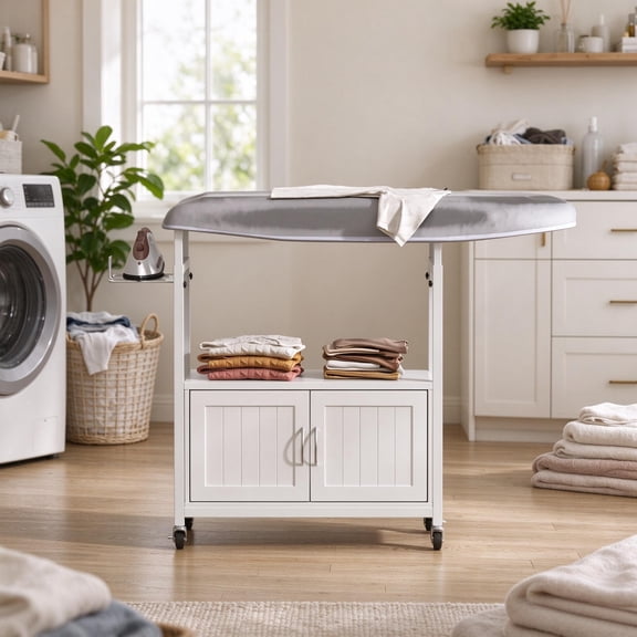 Haooyeah Ironing Board Cabinet with Storage, Foldable Ironing Table, Iron Holder, Rolling Casters, Height Adjustable, White