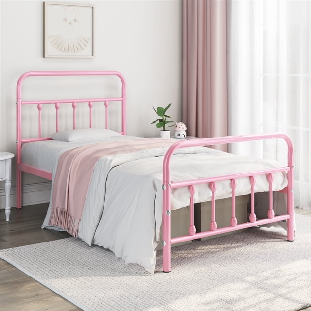 Fullfurnique Classic Iron Platform Bed Frame with High Headboard and Footboard, Twin, Pink