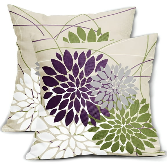LAMIRO Purple Green Pillow Covers 18x18" Dahlia Flower White Gray Elegant Colored Throw Pillows Farmhouse Outdoor Decor for Home Living Room Sofa Bed Modern Floral Linen Square Cushion Case,Set of 2