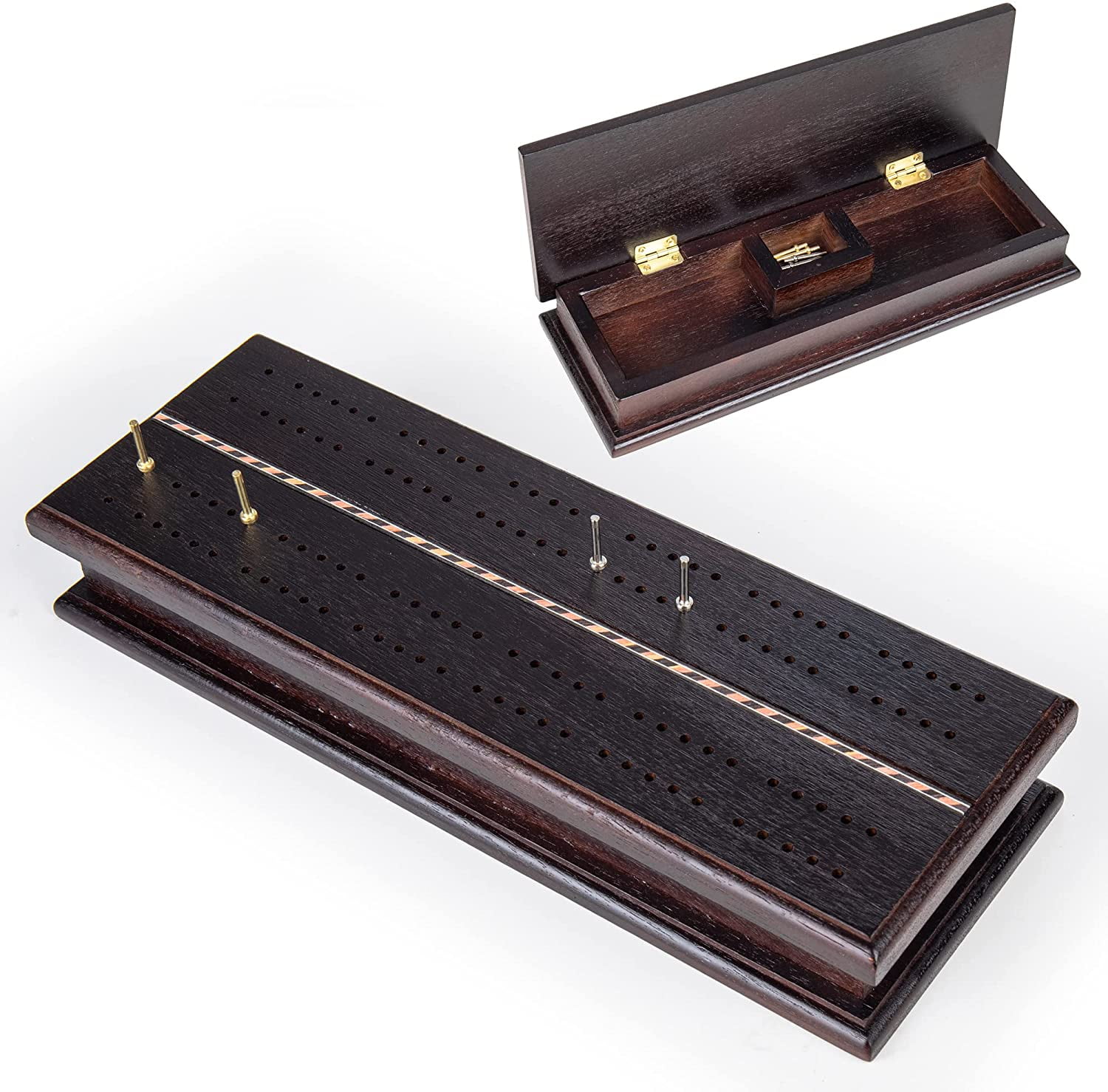 Regal Games Wooden Cribbage Board Game with Metal Pegs and a Standard Deck of Playing Cards 