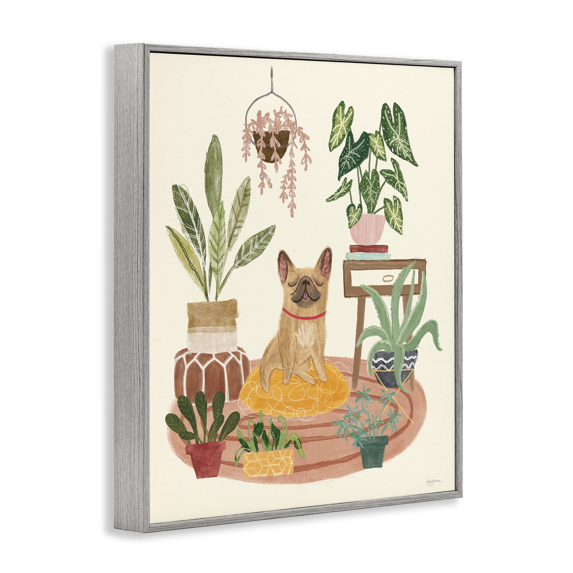 Stupell Industries Pug Dog with Plants Animals & Insects Painting Gray Framed Art Print Wall Art, 11 x 14