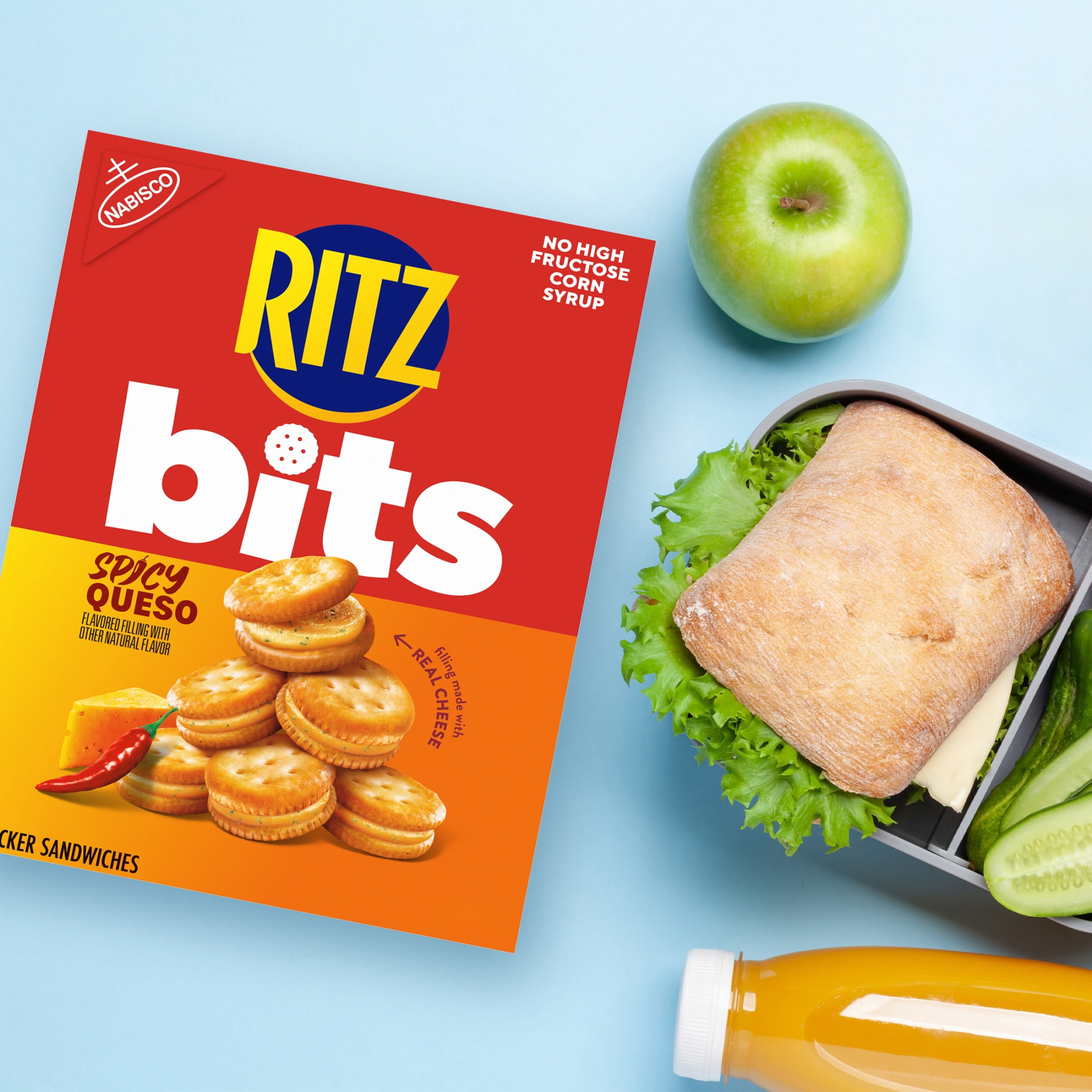 RITZ Bits Spicy Queso Cheese Sandwich Crackers, Snacks for Kids and Adults, Lunch Snacks, 8.8 oz